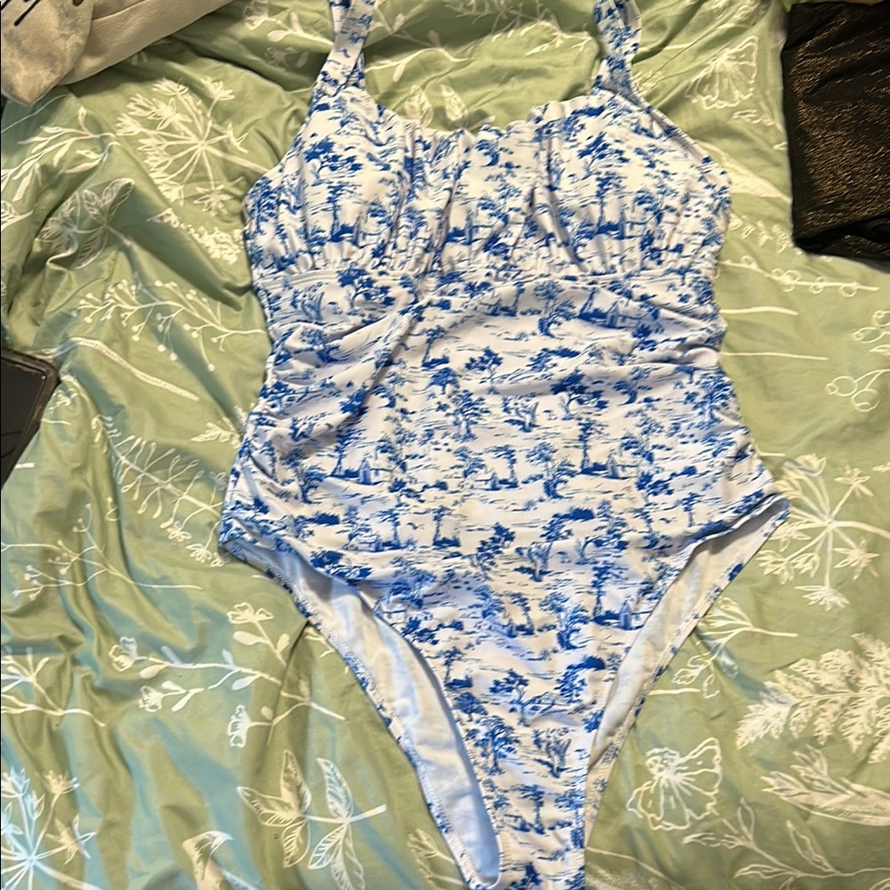 Blue and White Toile Print Swimsuit